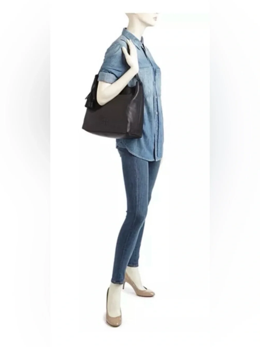 TORY BURCH Black Pebbled Leather Shoulder Hobo with Tassel
